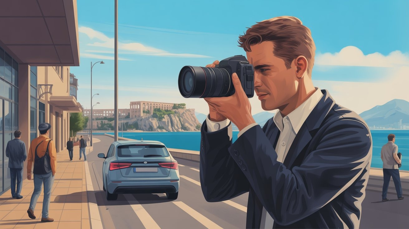 Illustration eines Detektivs mit Kamera in Antalya (Türkei); Privatdetektei Antalya (Türkei), Wirtschaftsdetektiv Antalya (Türkei), Detektiv-Team Antalya (Türkei), Detektivagentur Antalya (Türkei)