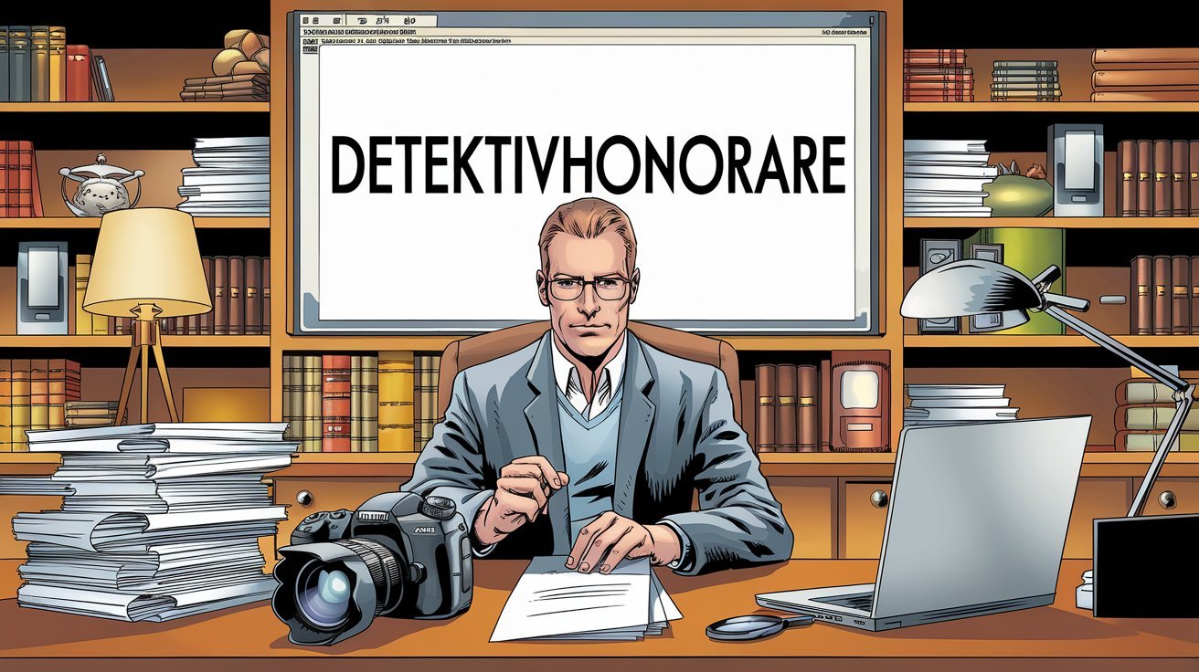 Detektiv vor Screen mit Aufschrift "Detektivhonorare"; Detektivkosten in Münster, Privatdetektiv-Honorare in Münster, Preise von Detektiven in Münster